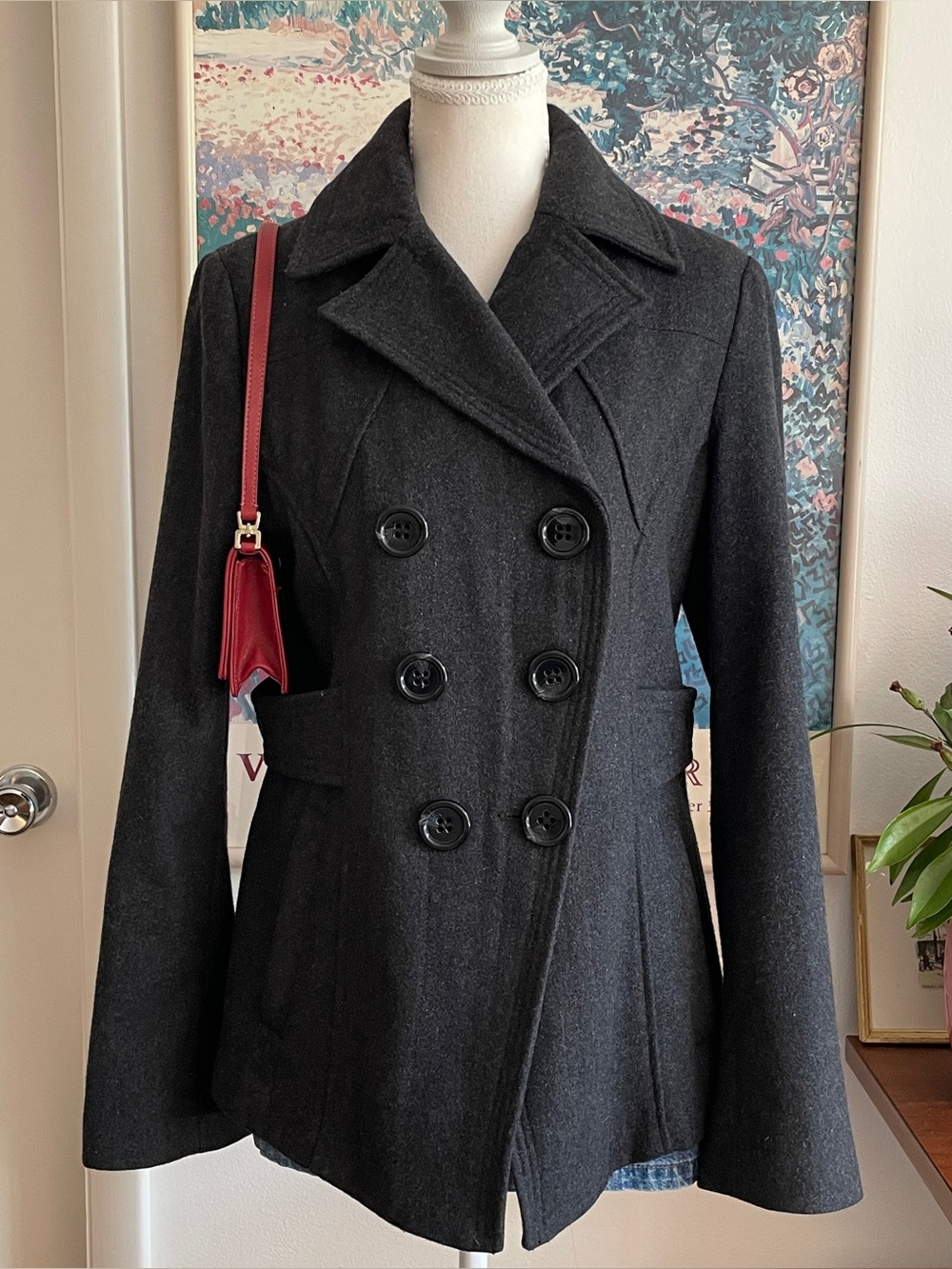 Guess Peacoat Large Gray Wool Double Breasted Dark Academia Indie Parisian Y2K